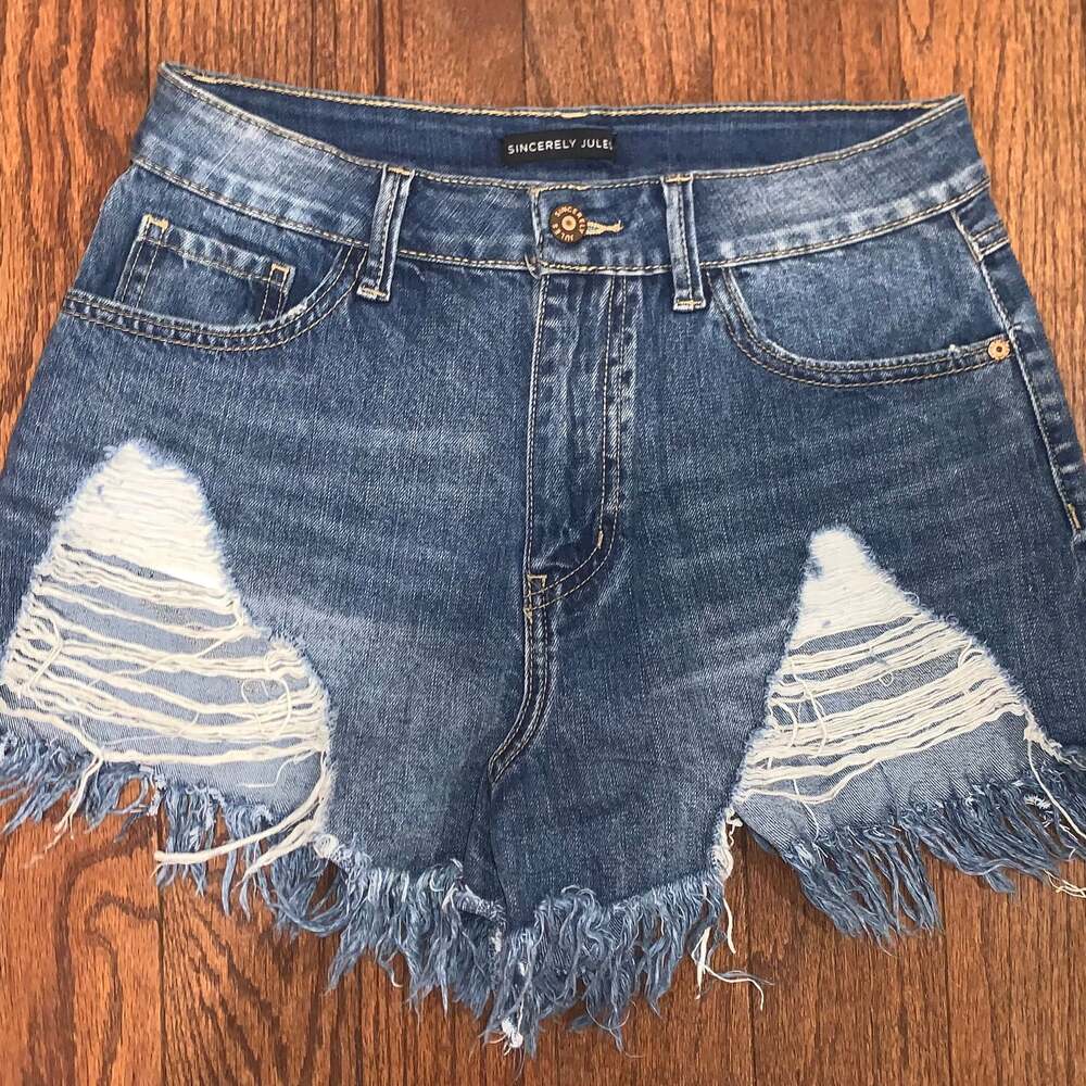 Sincerely Jules Women's Denim Shorts Cut-Off Raw Hem Distressed‎ Blue Size 26